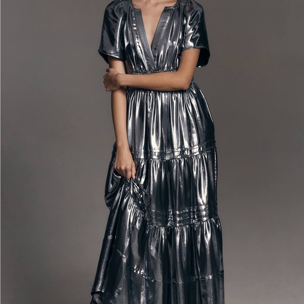 ANTHROPOLOGIE  The Somerset Maxi Dress Womens 2X Metallic SILVER Gown Tiered